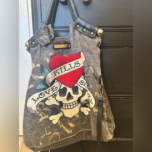 Ed Hardy Red Rhinestone Heart & Skull Graphic Tote with Black Trim